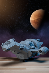 Serenity Firefly-class ship 3D printed model kit, full side profile on display stand