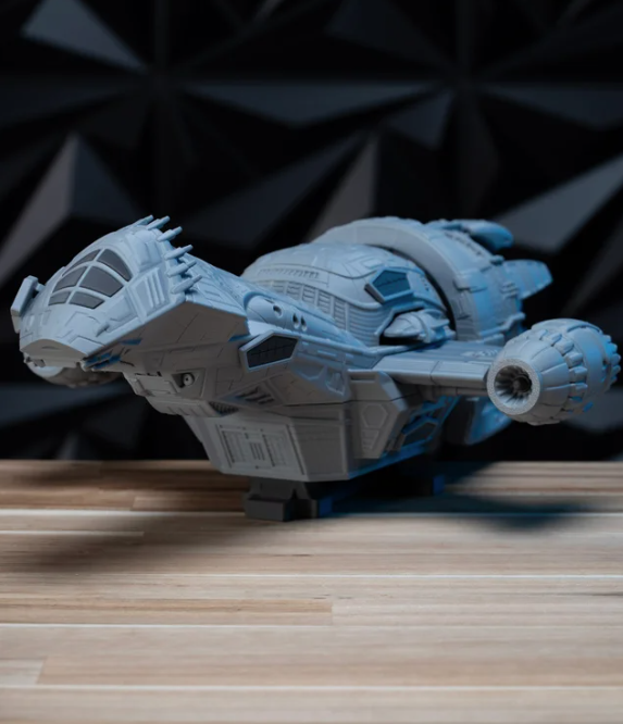 Serenity Firefly-class ship 3D printed model kit, full side profile on display stand