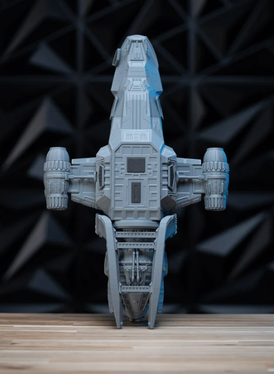 Serenity Firefly-class ship model kit, three-quarter angled view on display stand