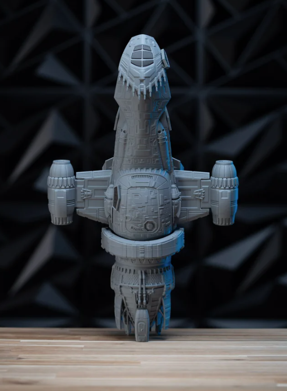 Serenity Firefly-class ship 3D printed model kit, top-down view showing full wingspan and dorsal detail
