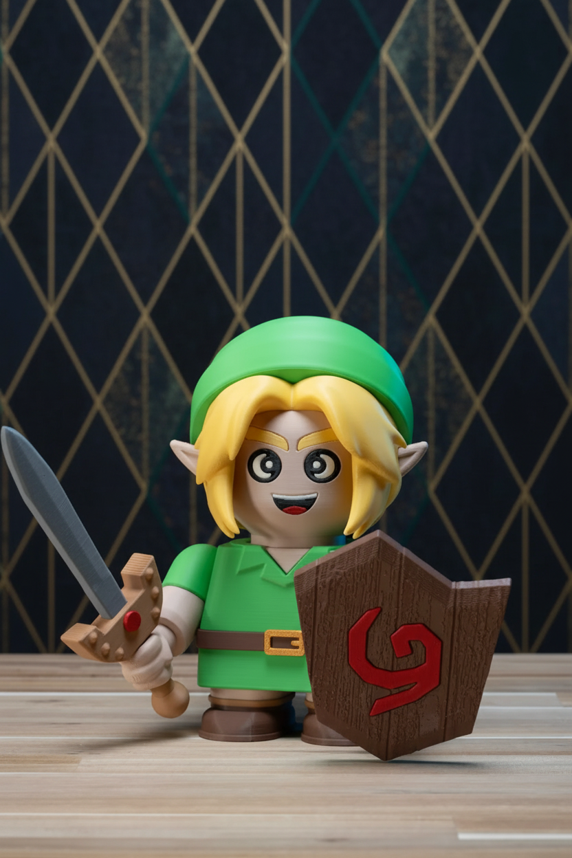 A stylized LEGO-like fantasy character figure resembling Link, standing on a light wood surface against a dark geometric background. The figure has a green hat and tunic, blond hair, a brown belt, and holds a silver sword and a brown shield with a red symbol.