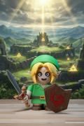 A stylized LEGO-like fantasy character figure resembling Link, standing on a light wood surface against a dark geometric background. The figure has a green hat and tunic, blond hair, a brown belt, and holds a silver sword and a brown shield with a red symbol.