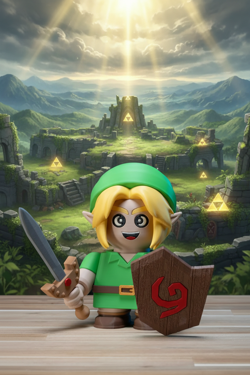 A stylized LEGO-like fantasy character figure resembling Link, standing on a light wood surface against a dark geometric background. The figure has a green hat and tunic, blond hair, a brown belt, and holds a silver sword and a brown shield with a red symbol.