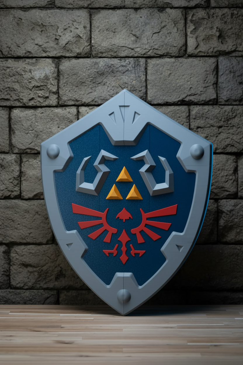A 3D-rendered shield inspired by the Legend of Zelda Triforce and Eagle motif, featuring a blue center, red eagle design, and gray border, standing on a wooden surface against a dark geometric background.