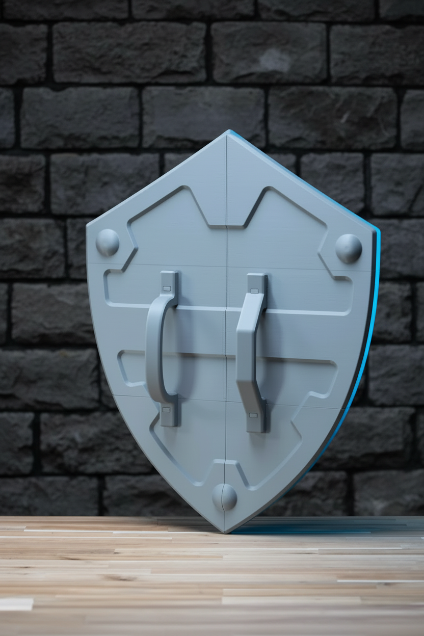 A 3D-rendered gray shield-shaped object with two vertical handle-like protrusions and small circular raised details, standing on a wooden surface against a dark geometric patterned background.