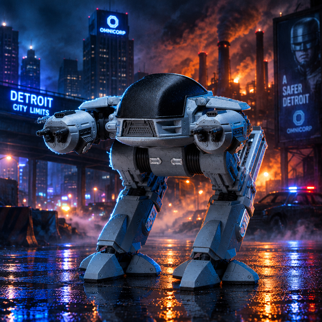 ED-209 3D printed model kit, front view on a rain-soaked Old Detroit street with the OmniCorp tower behind it