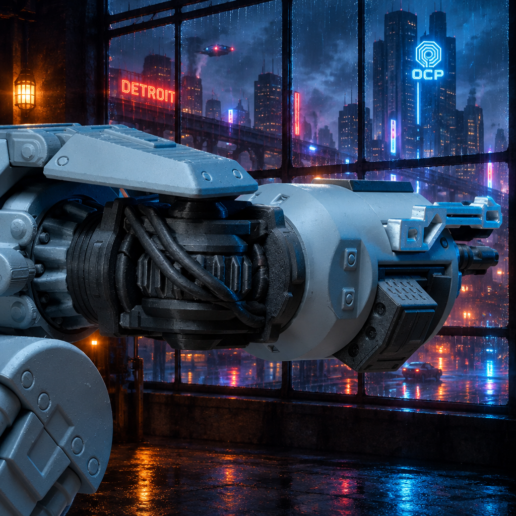 Close-up of the ED-209 kit's cannon arm mechanism by a window overlooking a rainy Old Detroit skyline with the OCP tower