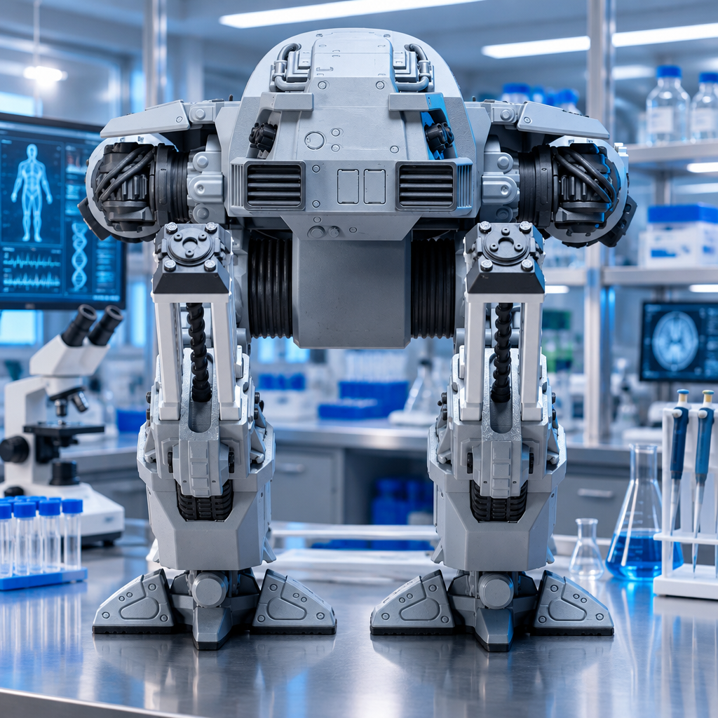 Rear view of the ED-209 model kit showing the reverse-jointed legs and back vents, staged in an OCP-style research lab
