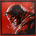 Artistic depiction of Daredevil on a red and black background