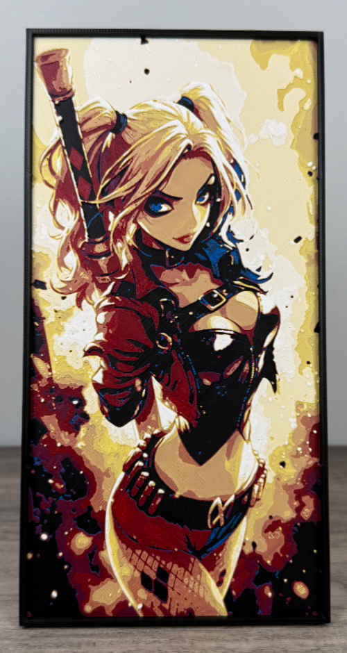 Harley Quinn Framed artwork of a stylised character holding a weapon on a beige background 100 x 200 design