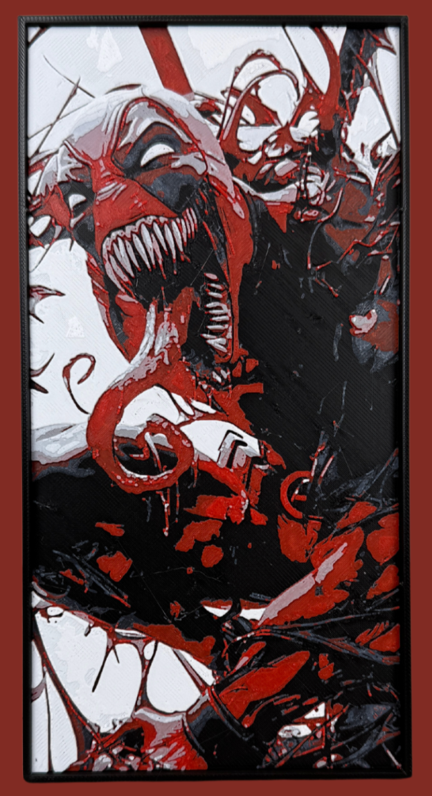 Venom Comic book-style depiction of a menacing character with red and black colors.