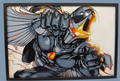 Comic-style illustration of Darkhawk with a helmet and wings on a light background