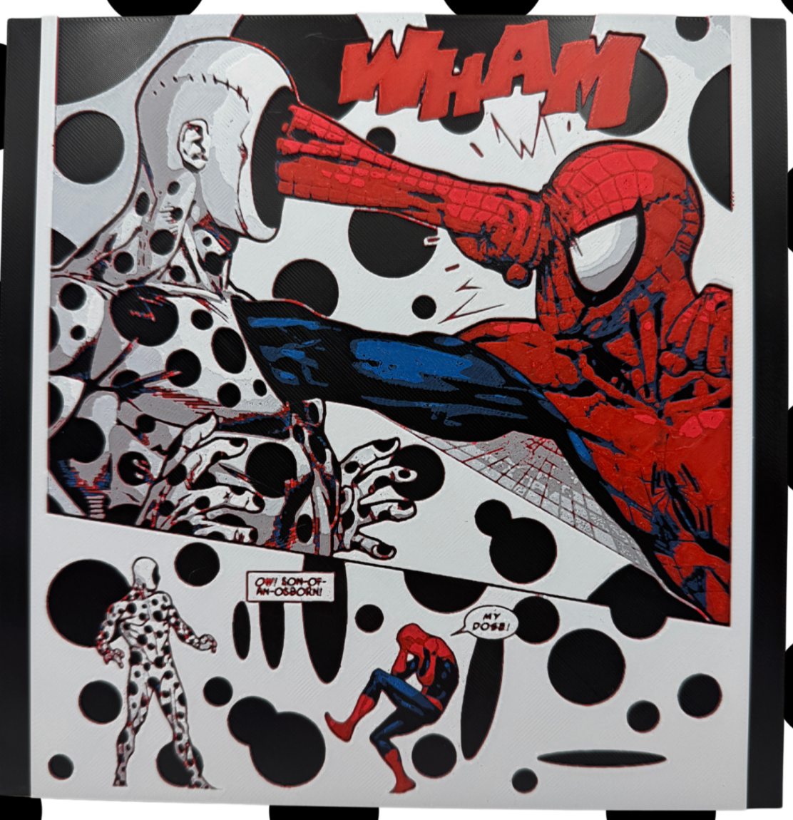 Comic-style illustration with Spider-Man vs The Spoton a polka dot background