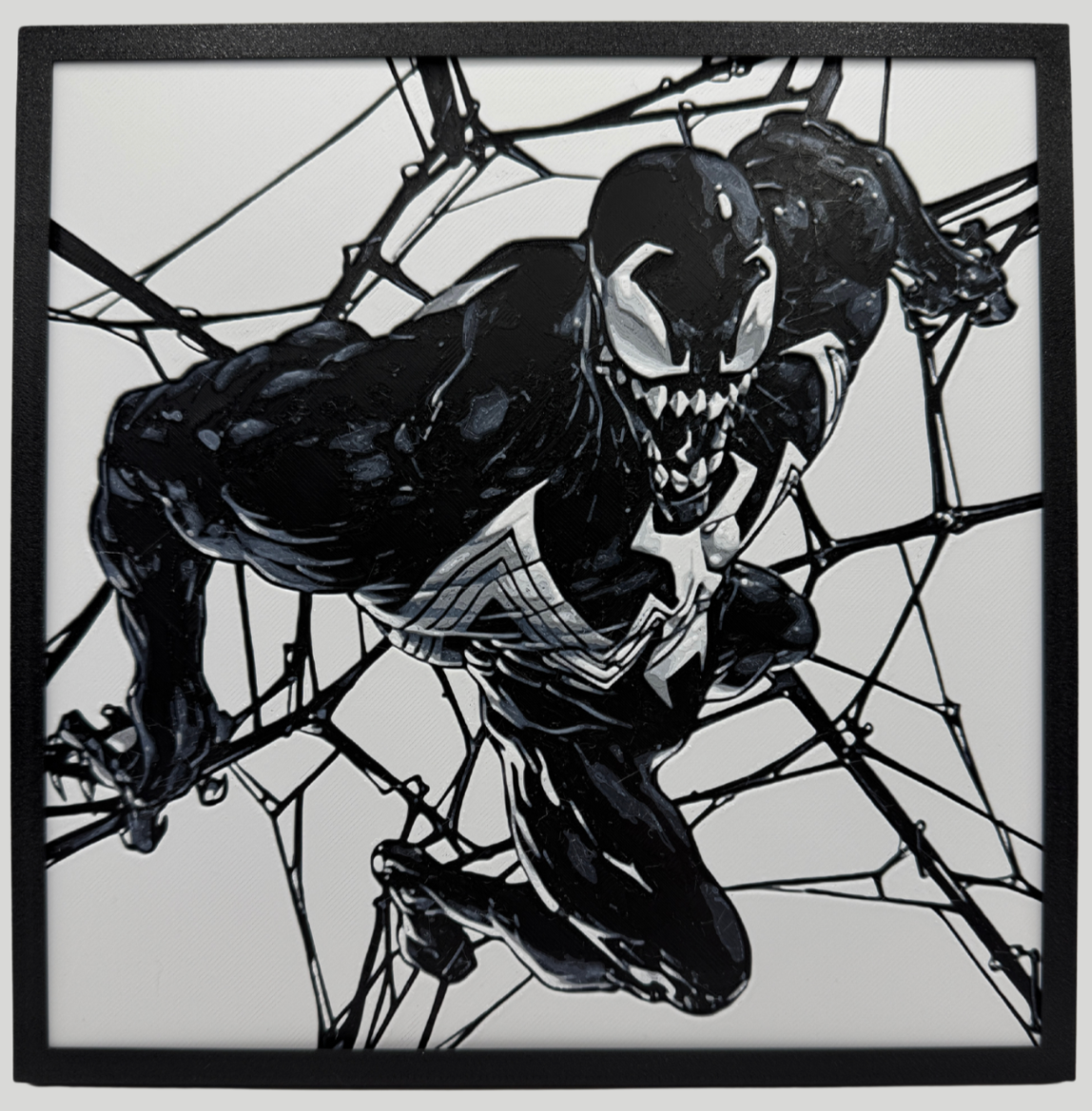 Black and white illustration of Venom in a webbed pose, framed