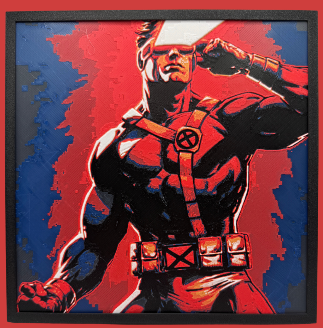 Cyclops Comic book-style superhero character with a red and blue background