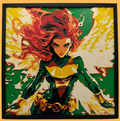 Comic book-style illustration of Jean Grey with red hair and green outfit against a colourful background
