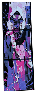 Ghost Spider character in a stylised, abstract design with purple and black colours.