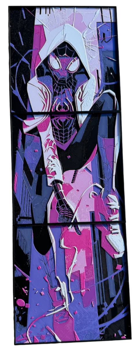 Ghost Spider character in a stylised, abstract design with purple and black colours.