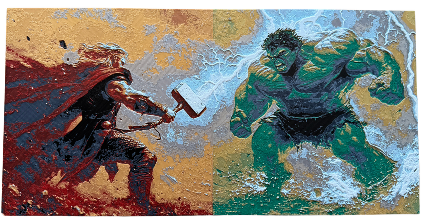 Illustration of a Thor and the Hulk facing each other on a textured background