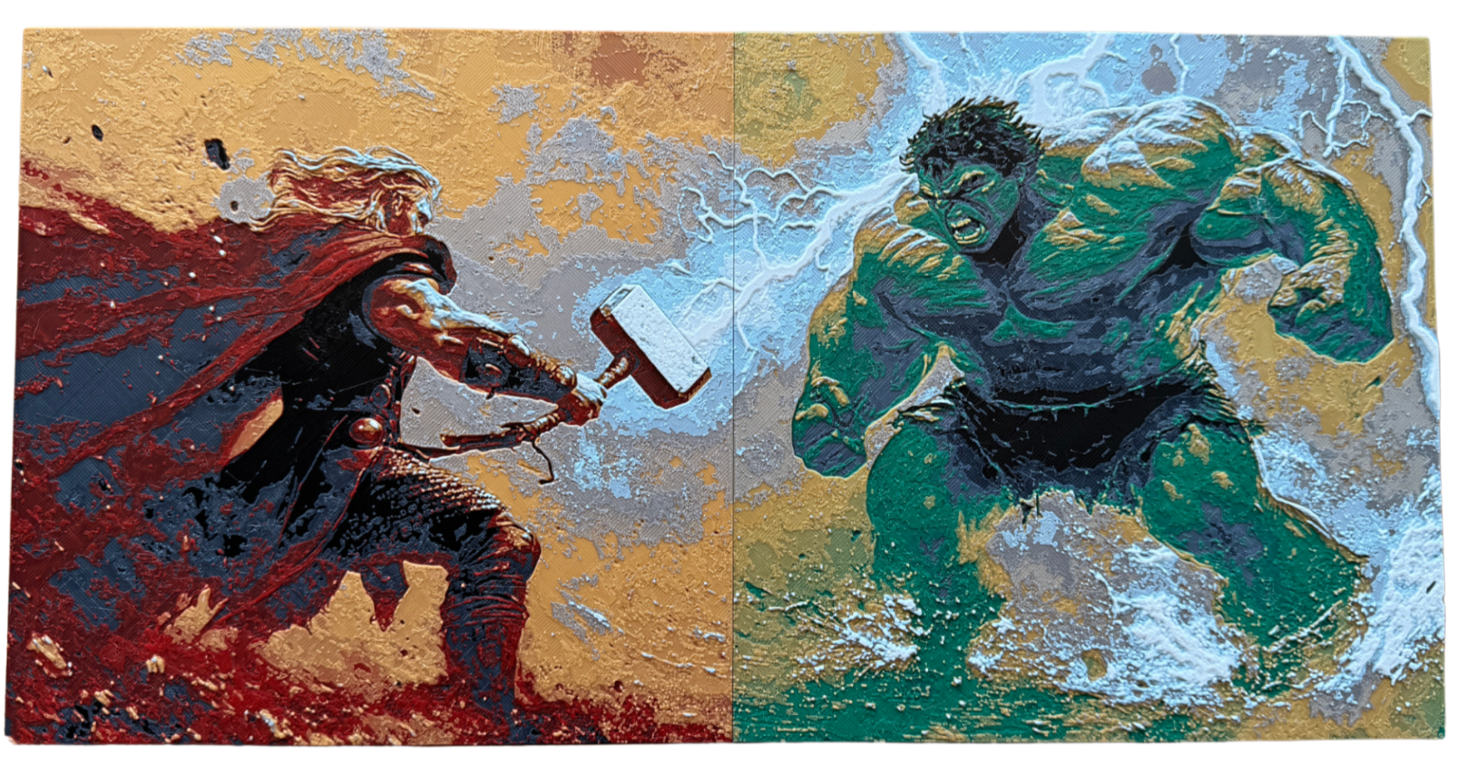 Illustration of a Thor and the Hulk facing each other on a textured background