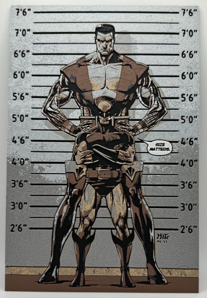 Illustration of a Wolverine and Colossus in a  style with measurement lines.