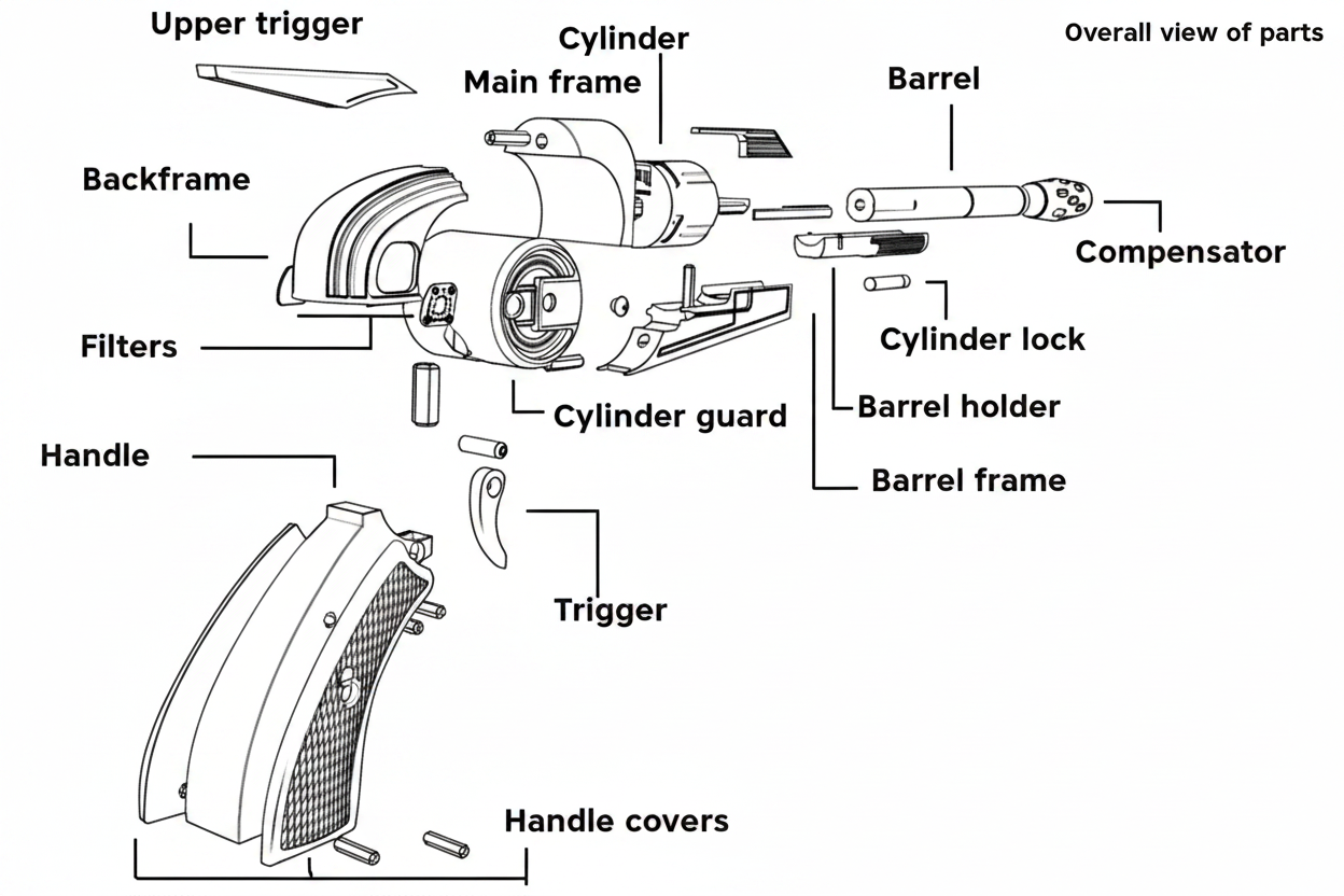 Technical diagram of a onyo Ketsu blaster on a blueprint-style background