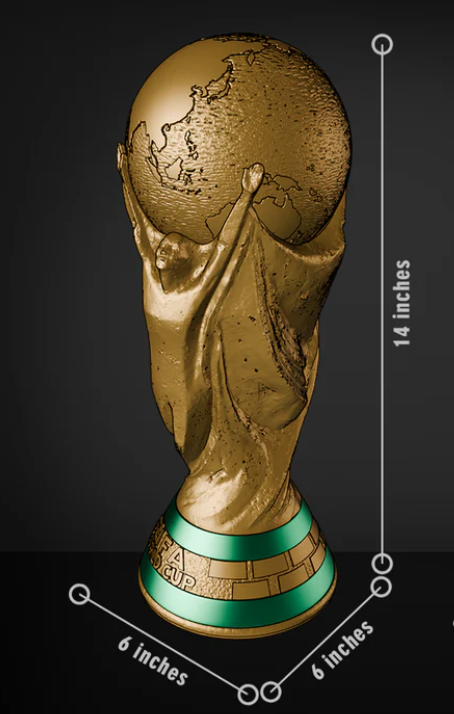 Gold trophy resembling the World Cup trophy with measurements on a black background | 3dCre8Design