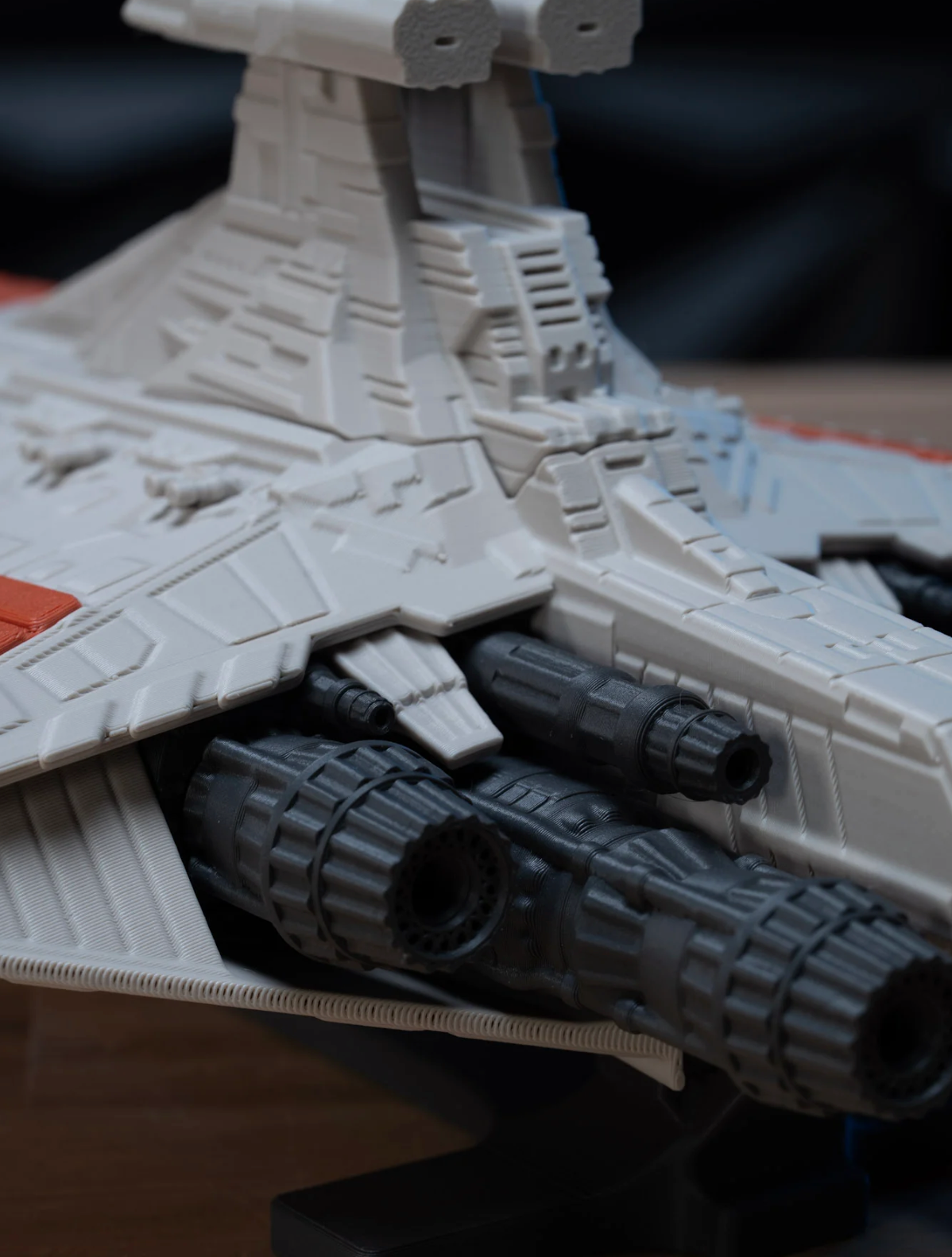 Venator-Class Star Destroyer model kit, close-up of rear engine thrusters and hangar bay