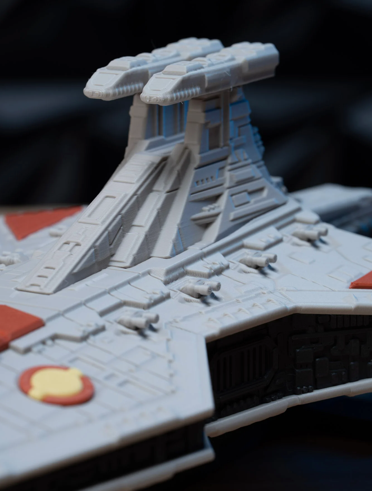 Venator-Class Star Destroyer model kit, close-up of command bridge tower and viewport detail