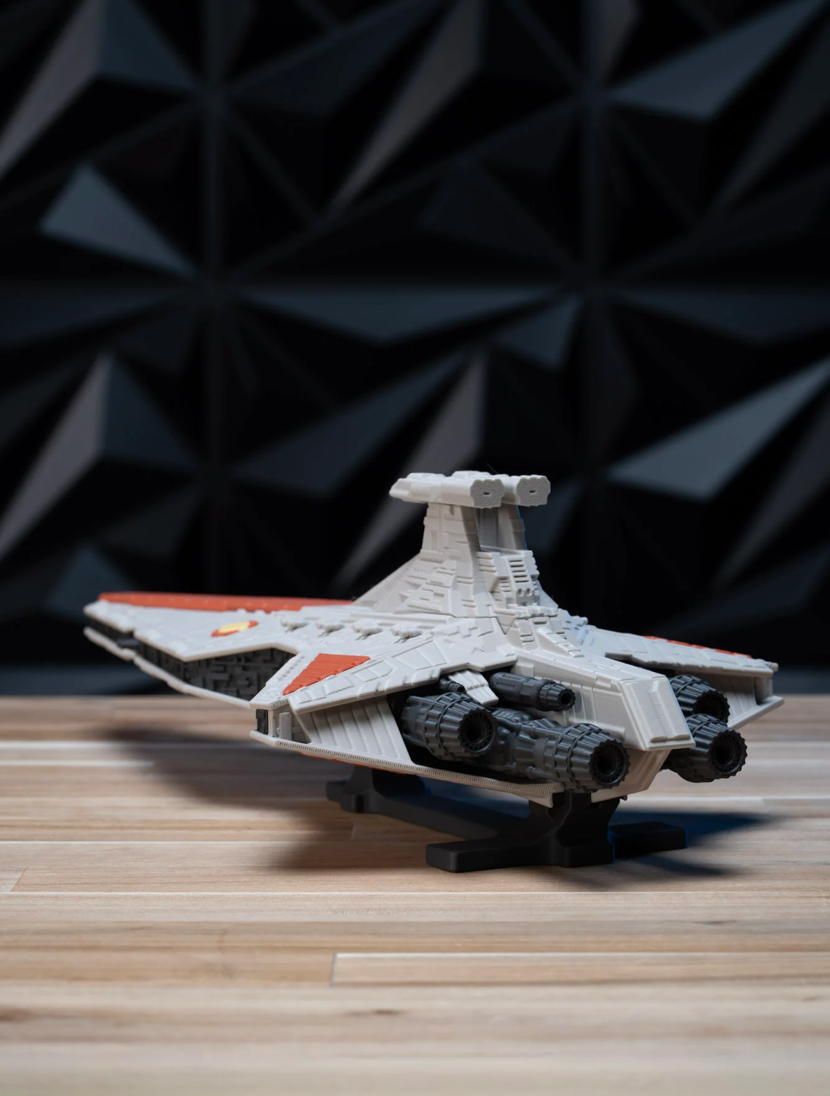 Venator-Class Star Destroyer model kit, rear three-quarter view showing engines on display stand