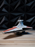 Venator-Class Star Destroyer 3D printed model kit, three-quarter side view on display stand