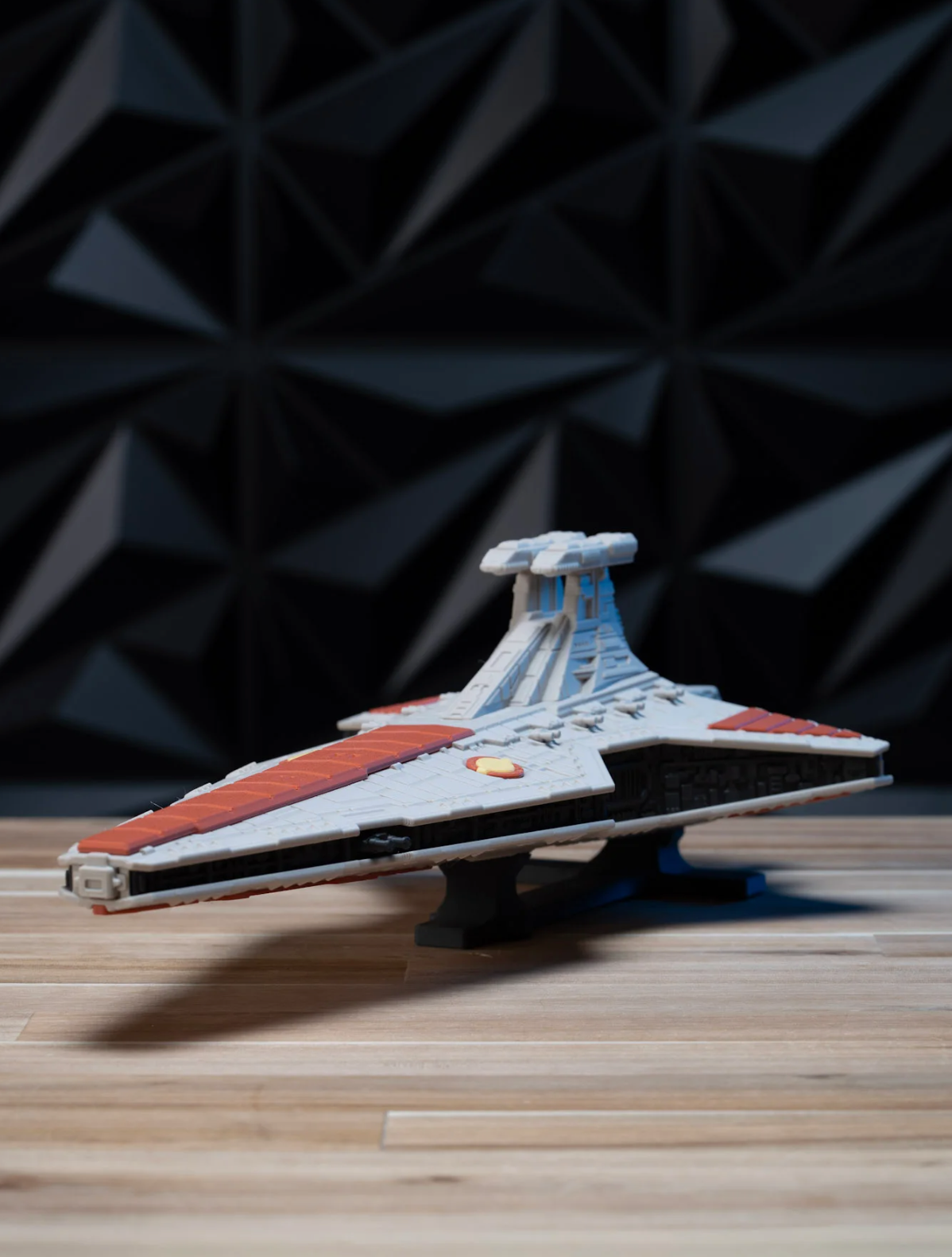 Venator-Class Star Destroyer 3D printed model kit, three-quarter side view on display stand