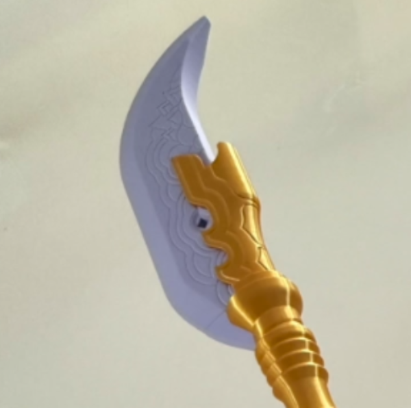 Close-up of Mira's Glaive Periwinkle Purple matte blade with gold hilt accents