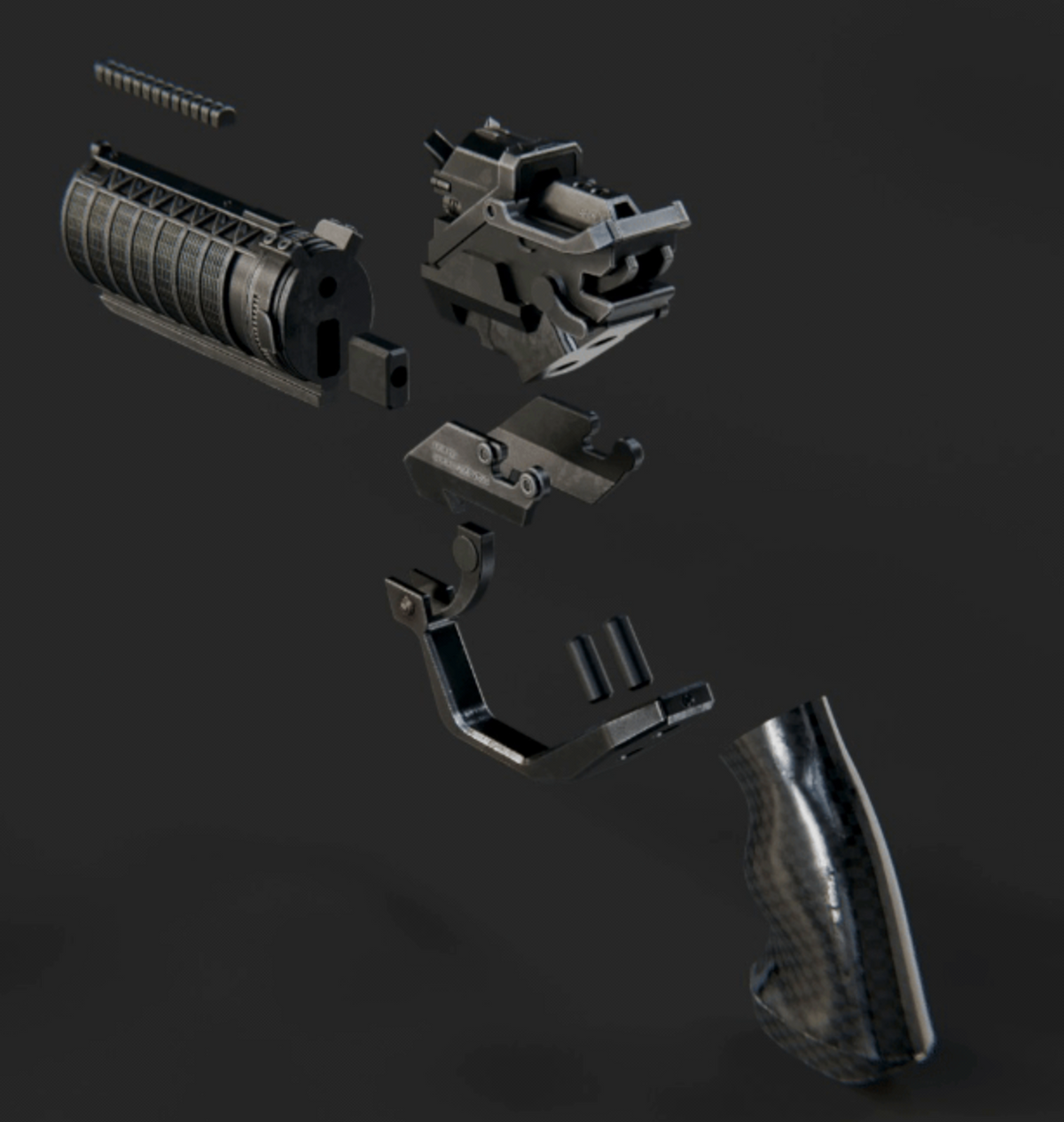 Exploded view of the K's Blaster 3D printed kit parts: barrel shroud, receiver, trigger guard and grip