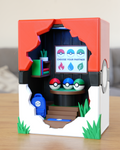 Choose Your Starter Broken Brick LED Lamp, front view of the Pokéball-shaped diorama showing the Choose Your Partner sign, bookshelf, plant and backpack