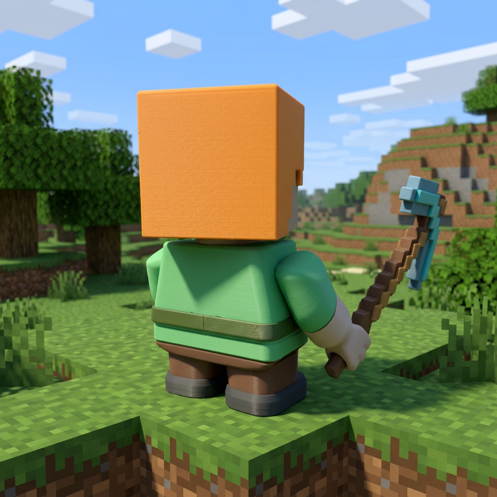 Alex rear view with Minecraft-style background