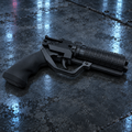 Assembled Blade Runner K's Blaster prop kit, black PLA, full side profile on a dark stone slab