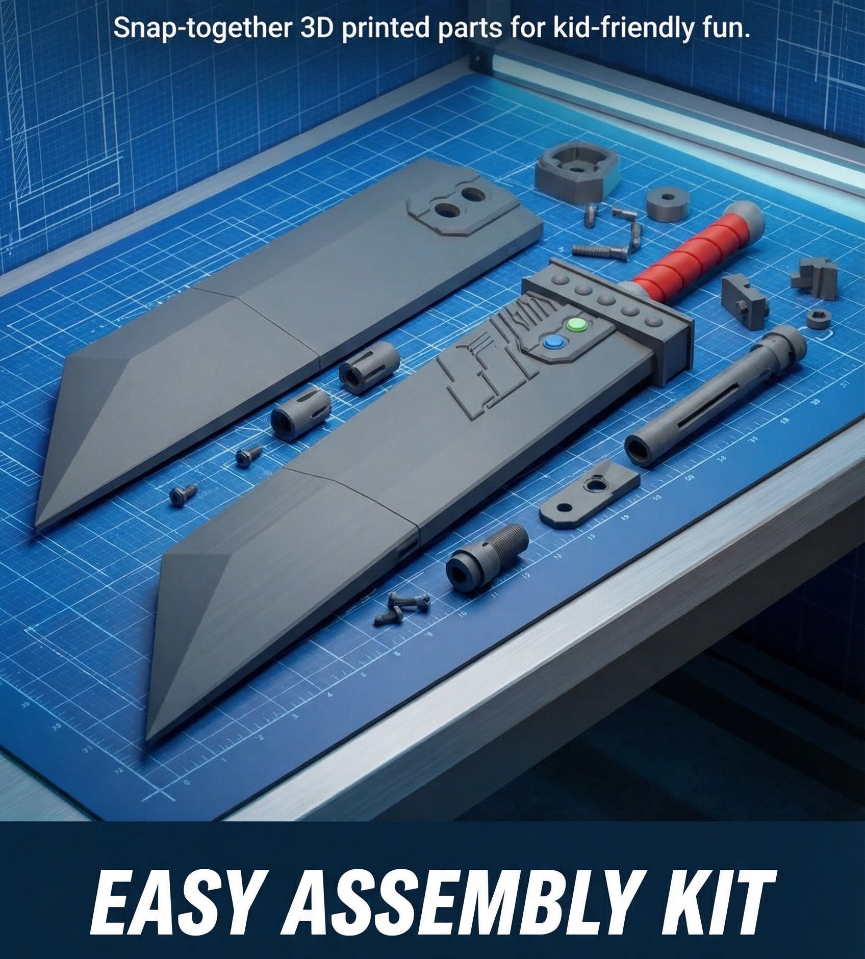 Final Fantasy Inspired Buster Sword – 3D Printed Model Kit Prop (Kid-Friendly Build)