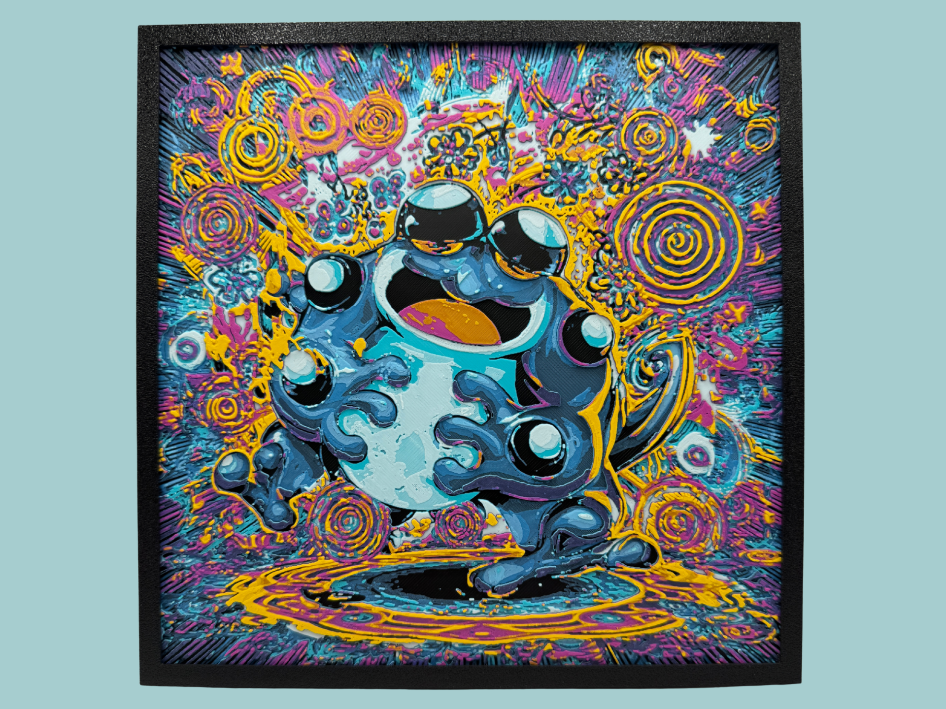 Seismitoad Pokémon layered 3D printed Hueforge wall art panel in a black frame