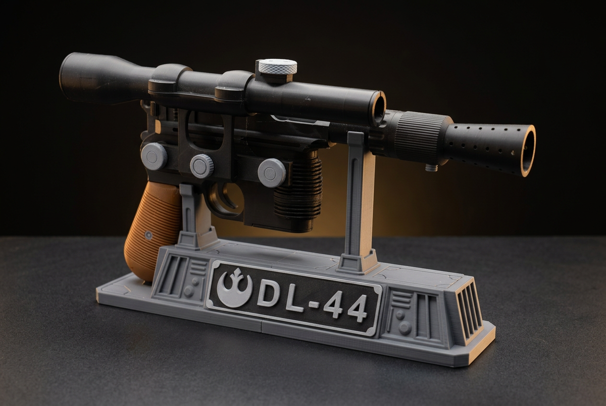 DL-44 blaster prop displayed upright on its included stand