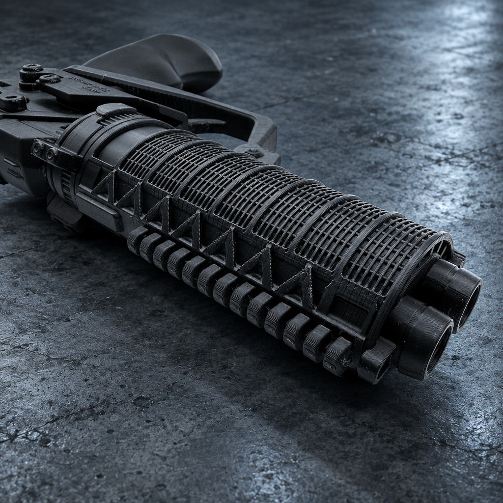 Close-up of the K's Blaster ribbed barrel shroud and twin-barrel muzzle