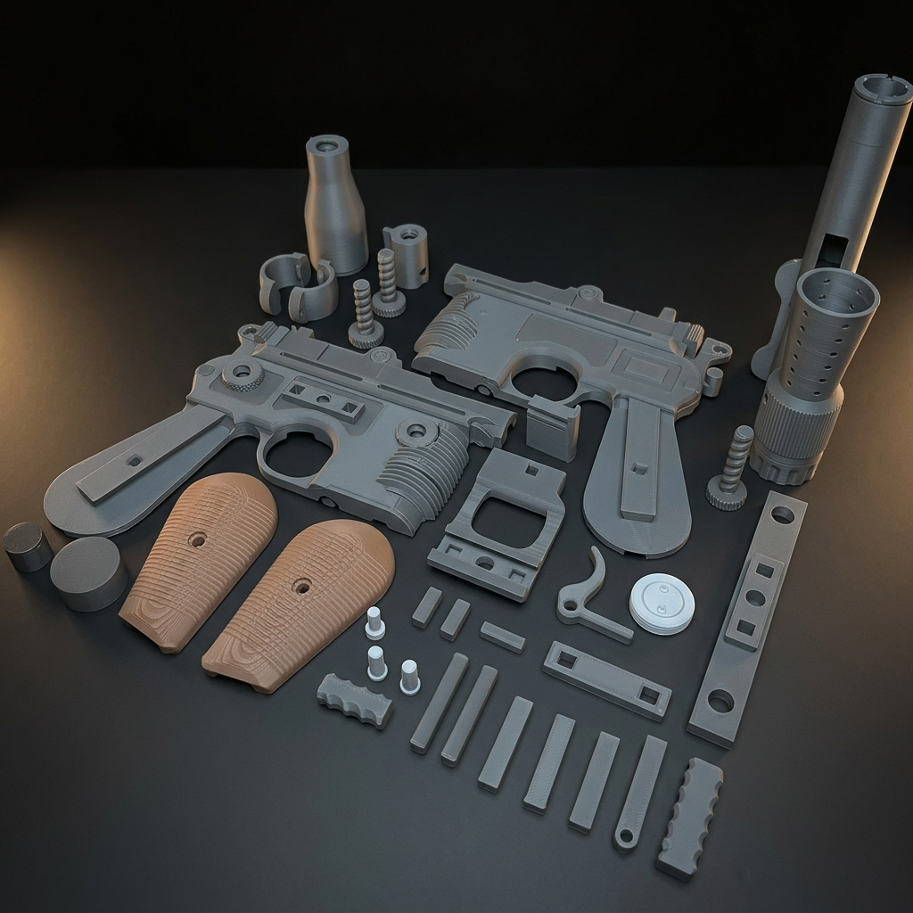 Unassembled 3D-printed DL-44 blaster prop kit parts before assembly