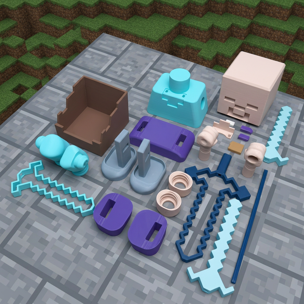 Kit parts on Minecraft-style stone surface