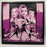 KPop Demon Hunters World Tour HueForge print, 4-colour black and magenta framed wall art with three characters