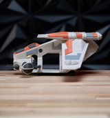 LAAT Republic Gunship 3D printed model kit, side profile view on display stand