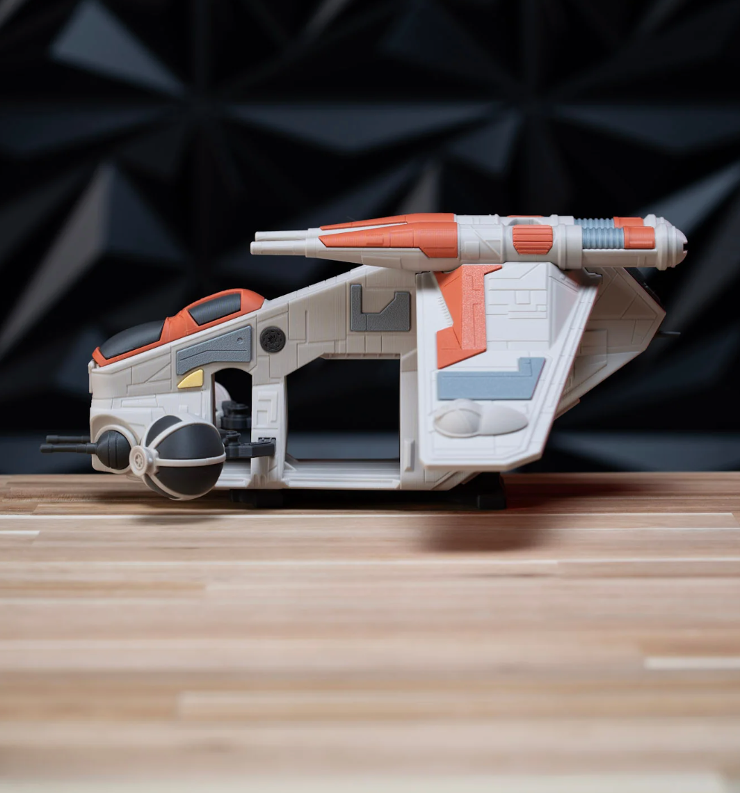 LAAT Republic Gunship 3D printed model kit, side profile view on display stand