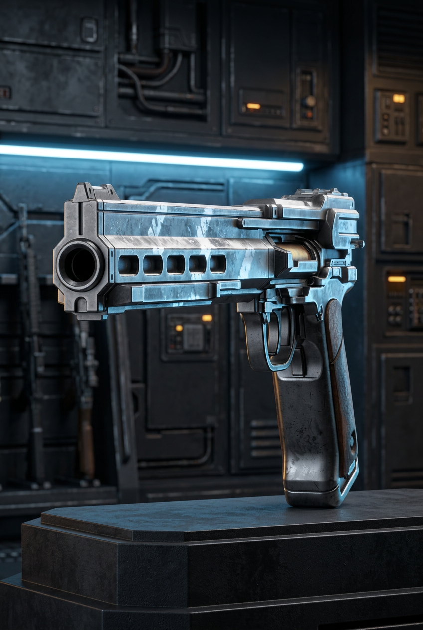 The Long Oath custom Star Wars blaster, Metallic Dark colourway with brown handle grips, angled view, digital render