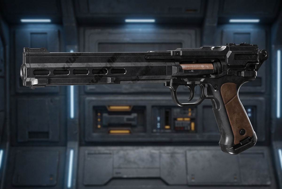 The Long Oath custom Star Wars blaster, Black colourway with brown handle grips, digital render