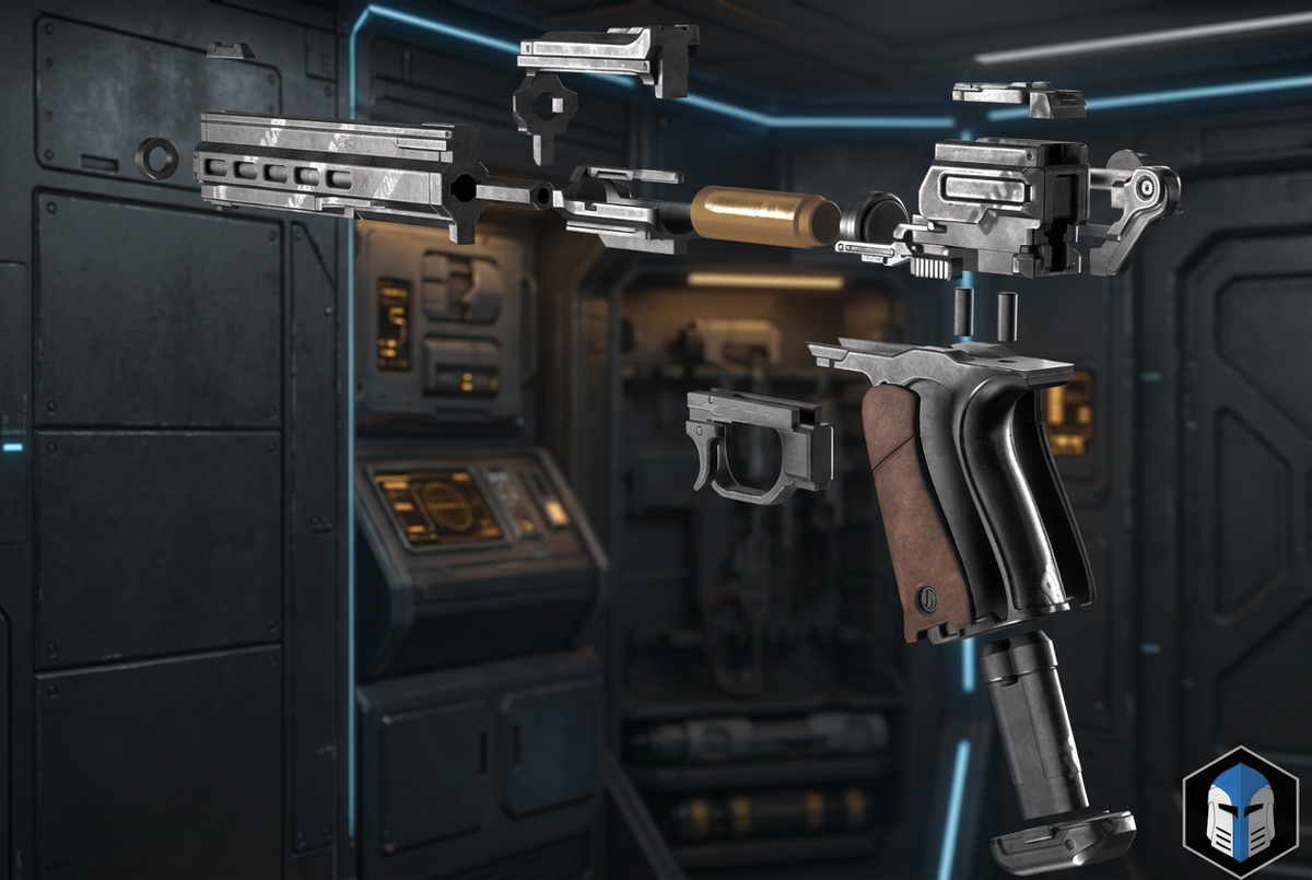 The Long Oath custom Star Wars blaster, exploded kit view showing the 29 parts and magnetic quick-release magazine, digital render