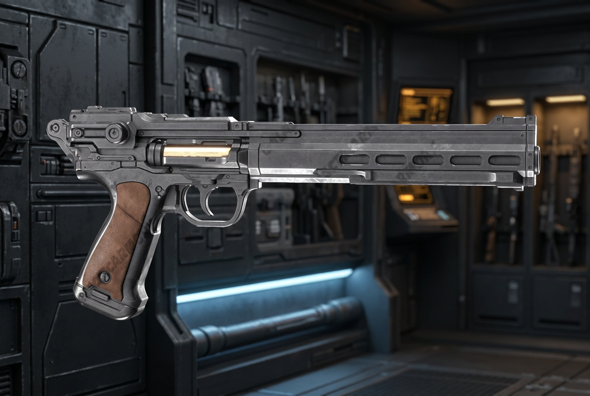 The Long Oath custom Star Wars blaster, Grey colourway with brown handle grips, displayed in an armoury, digital render